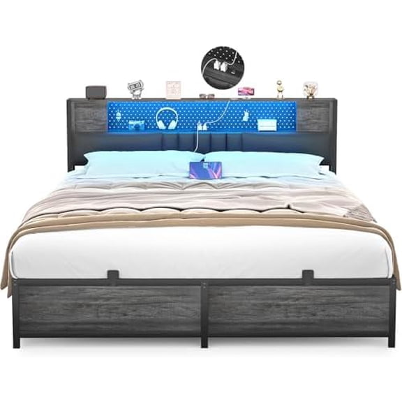 Queen Bed Frame with LED Light & Power Outlet, Platform Bed with Upholstered Headboard and Storage Cabinet, Heavy Duty Metal Slats, No Spring Needed, Easy Assembly, Noise-Free, Black Oak