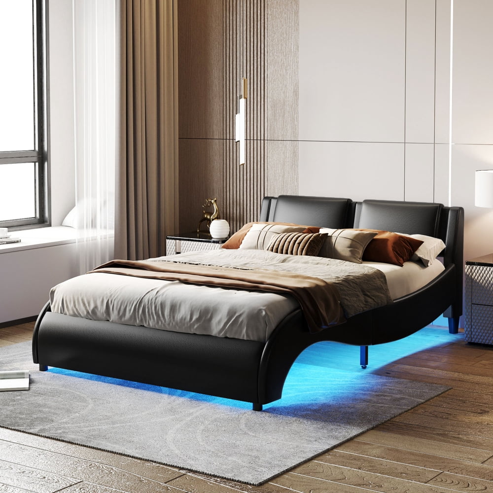 Wave Led Light Sign Queen Bed Frame with LED Light, Upholstered Queen Size Platform Bed ...