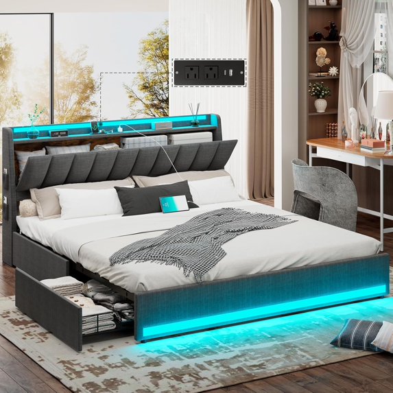 Queen Bed Frame with LED Lights & 4 Drawers, Upholstered Platform Queen Bed Frame with Storage Headboard & Charging Station, Light up Metal Bed Frame Queen Size, No Box Spring Needed, Dark Grey