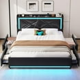 thumbnail image 1 of Queen Bed Frame with LED Lights & Charging Station, Black PU Platform Queen Bed with Storage Drawers and Upholstered Headboard, Heavy Duty Wooden Slats, 1 of 7