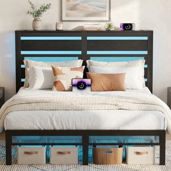 Queen Bed Frame with LED Lights and Charging Station, Metal Platform Bed Frame with Under Bed Storage, Storage Headboard, Noise-Free/Metal Support/No Box Spring Needed, Matte Black