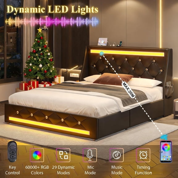 Queen Bed Frame with LED Lights, Charging Station, Upholstered Platform Bed with Storage Drawers, Diamond Headboard, Wood Slats, No Box Spring Needed, Black