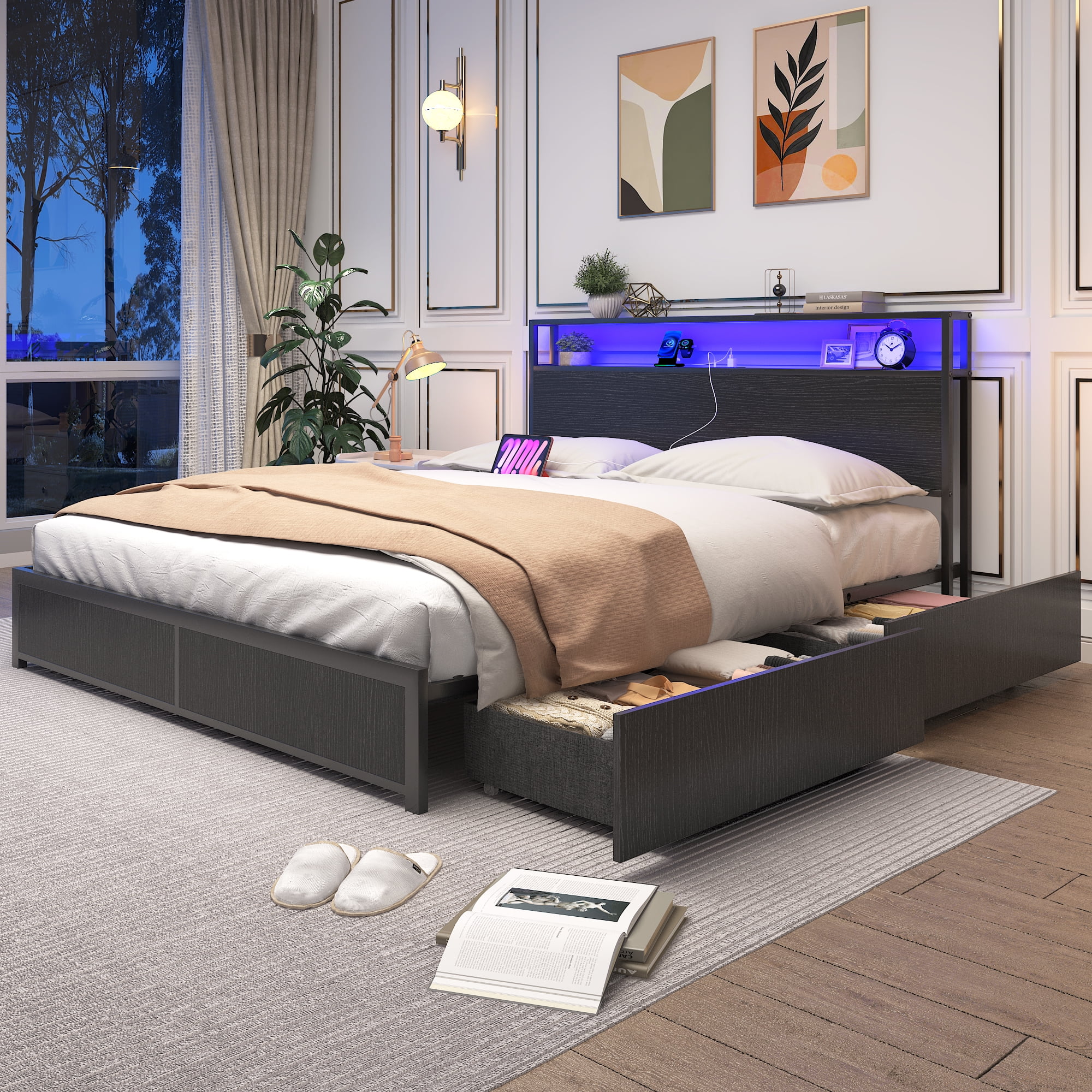 Queen Bed Frame with LED Lights Headboard and 4 Drawers, Platform Metal