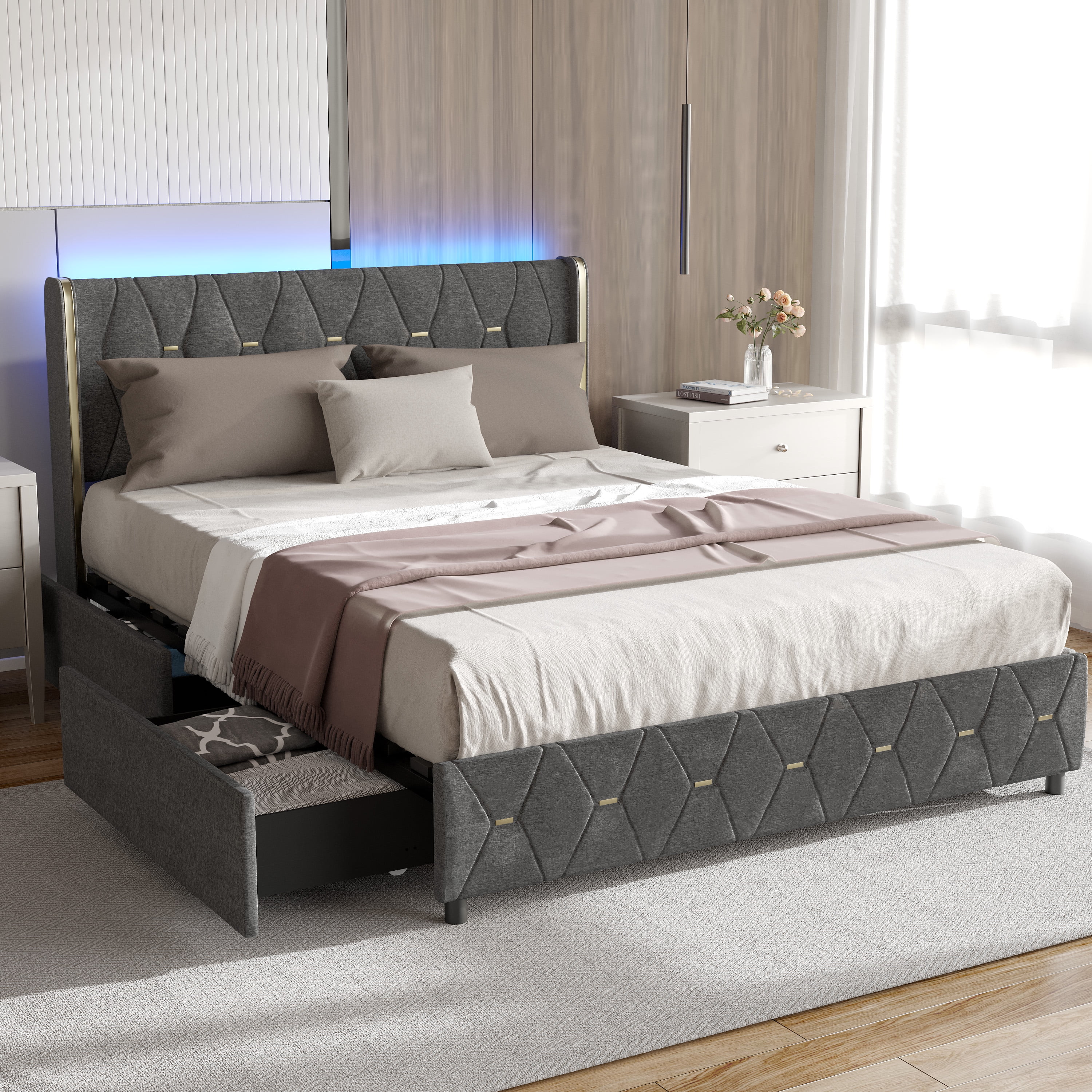 Queen Bed Frame with LED Lights Headboard, LED Bed Frame with Storage