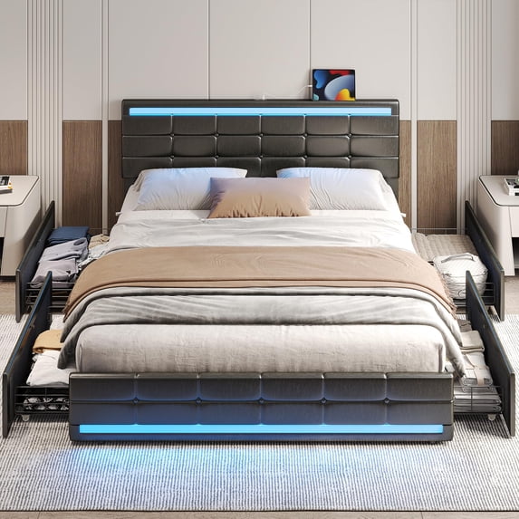 Queen Bed Frame with LED Lights Leather Platform Bed with Storage Drawers and Charging Station, Upholstered Bed Frame with Adjustable Headboard, No Box Spring Needed, Black