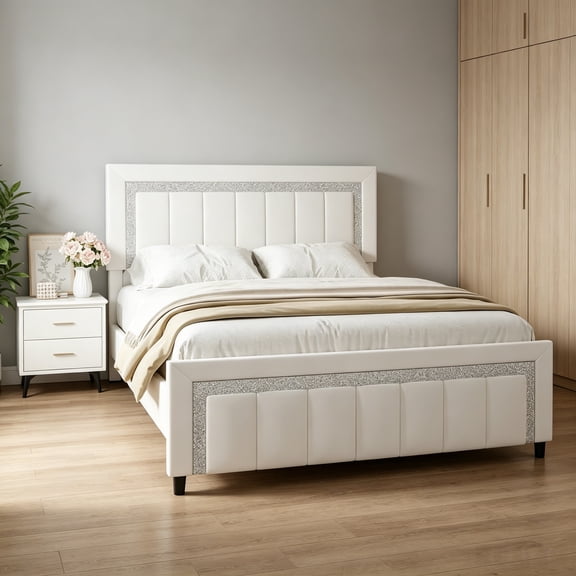 4 EVER WINNER Full Bed Frame, Velvet Upholstered Bed Frame with Diamond Headboard, White Full Size Bed Frame, White