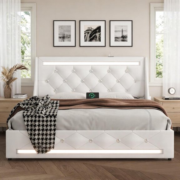 Queen Bed Frame with LED Lights, Upholstered Bed Frame with Charging Station, Platform Bed with Diamond Headboard, Wooden Slats, Easy Assembly, Noise Free, No Box Spring Needed, White