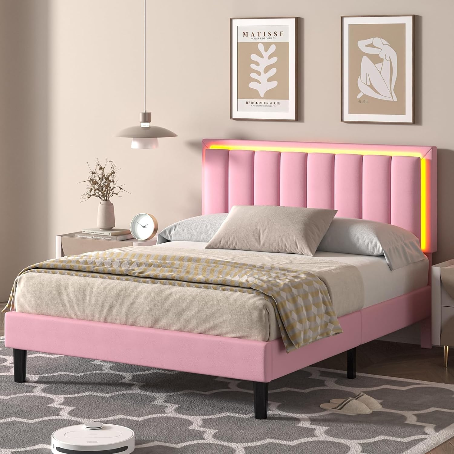 Queen Bed Frame with LED Lights, Upholstered Bed Frame Queen with