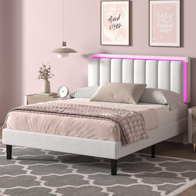 Queen Bed Frame with LED Lights, Upholstered Bed Frame Queen with