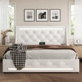 thumbnail image 1 of Queen Bed Frame with LED Lights - Upholstered Platform Bed with Charging Station, Storage Drawers, Wingback Headboard, Wooden Slats, Easy Assembly, No Box Spring Needed for Bedroom, White, 1 of 11