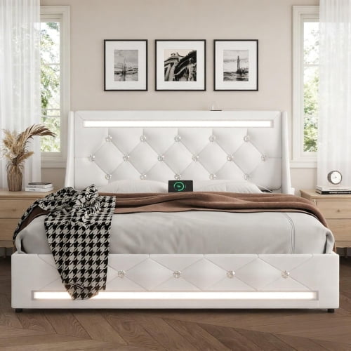 Queen Bed Frame with LED Lights - Upholstered Platform Bed with Charging Station, Storage Drawers, Wingback Headboard, Wooden Slats, Easy Assembly, No Box Spring Needed for Bedroom, White