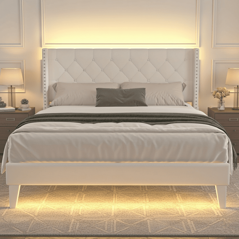 Queen Bed Frame with LED Lights, Upholstered Velvet Platform Bed Frames with Button Tufted Wingback Headboard & Footboard - Wooden Slats Support, No Box Spring Needed, Beige