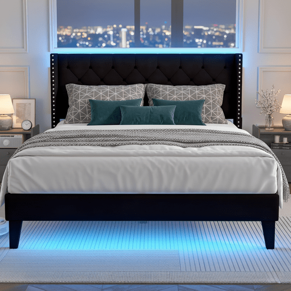 Queen Bed Frame with LED Lights, Upholstered Velvet Platform Bed Frames with Button Tufted Wingback Headboard & Footboard - Wooden Slats Support, No Box Spring Needed, Black
