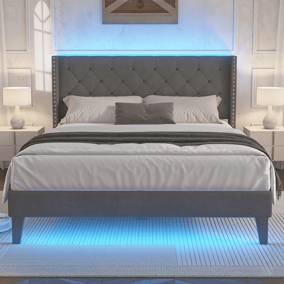 Queen Bed Frame with LED Lights, Upholstered Velvet Platform Bed Frames with Button Tufted Wingback Headboard & Footboard - Wooden Slats Support, No Box Spring Needed, Dark gery