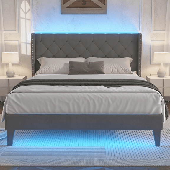Queen Bed Frame with LED Lights, Upholstered Velvet Platform Bed Frames with Button Tufted Wingback Headboard & Footboard - Wooden Slats Support, No Box Spring Needed, Dark gery