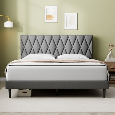 Queen Bed Frame, Lecuneey Queen Size Platform Bed with Fabric Upholstered Headboard, Dark Grey