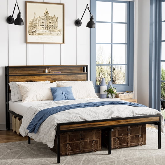 Queen Bed Frame With Led Headboard & Storage, Charging Socket, Metal, Stable, No Box Spring, Easy To Build, Rustic Brown Decoration Bed, Station, Noiseless, Assemble, Spring