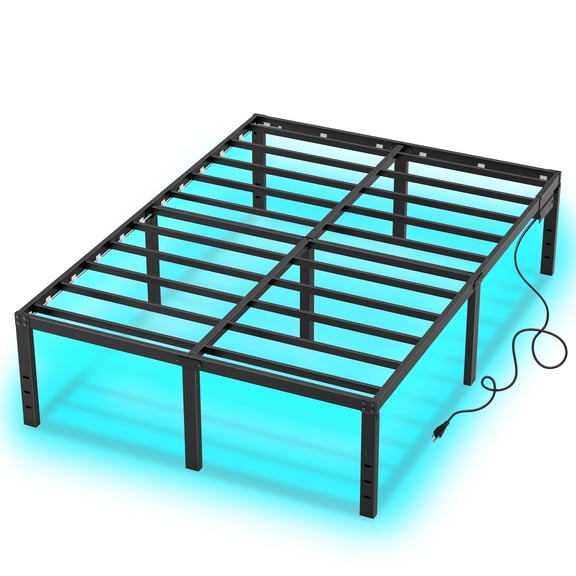 Queen Bed Frame Led Metal Platform Bed Frame Queen Size with Lights 14” Heavy Duty Bed Frame Lights Queen with Charge Station no Box Spring Needed,Stable & Noise Free