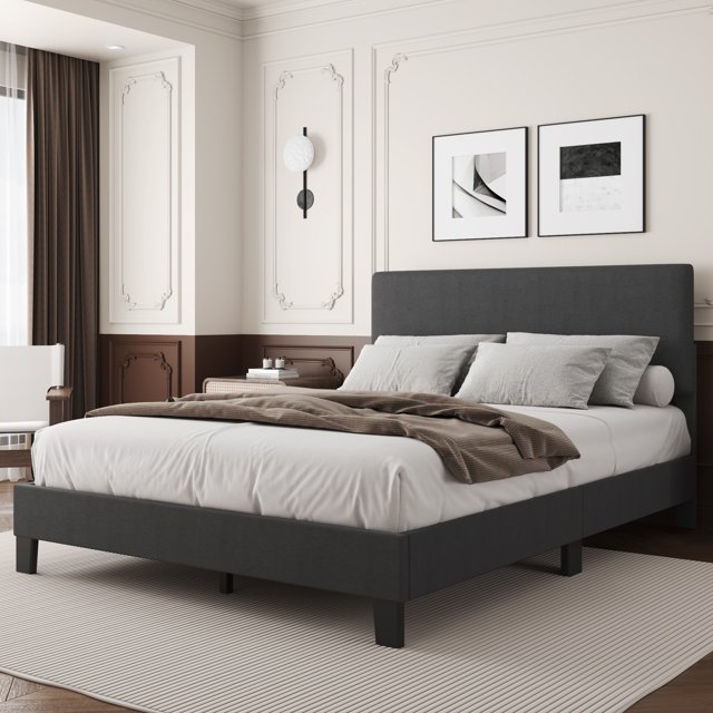 Queen Bed Frame, Lifezone Queen Size Dark Gray Upholstered Bed with