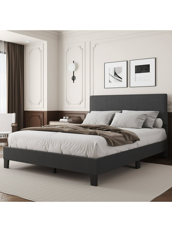 Queen Bed Frame, Lifezone Queen Size Dark Gray Upholstered Bed with Adjustable Headboard, Fabric Platform Bed Frame
