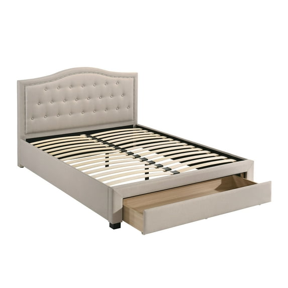 Queen Bed Frame: Light Brown Burlap Fabric, Button-Tufted Arch Headboard, Storage Drawer, Modern Bedroom Furniture. No Box Spring Needed.