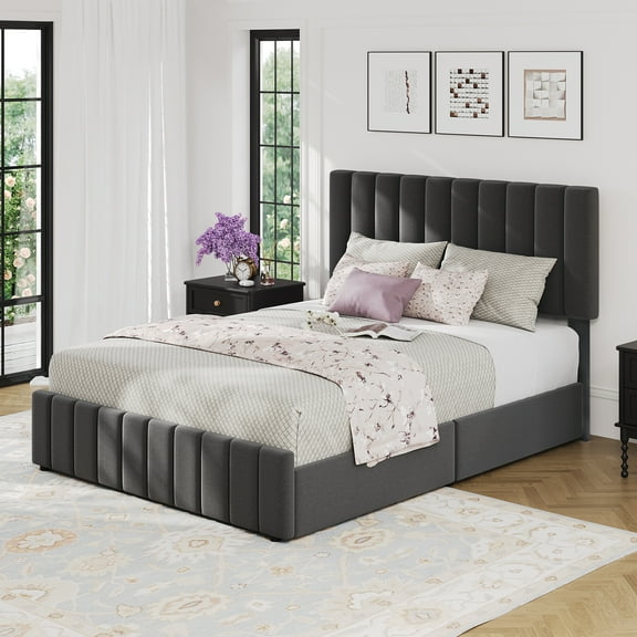 Queen Bed Frame, Linen Quilted Upholstered Platform Bed with Adjustable Headboard & 4 Storage Drawers, Sturdy Wooden Slats Support