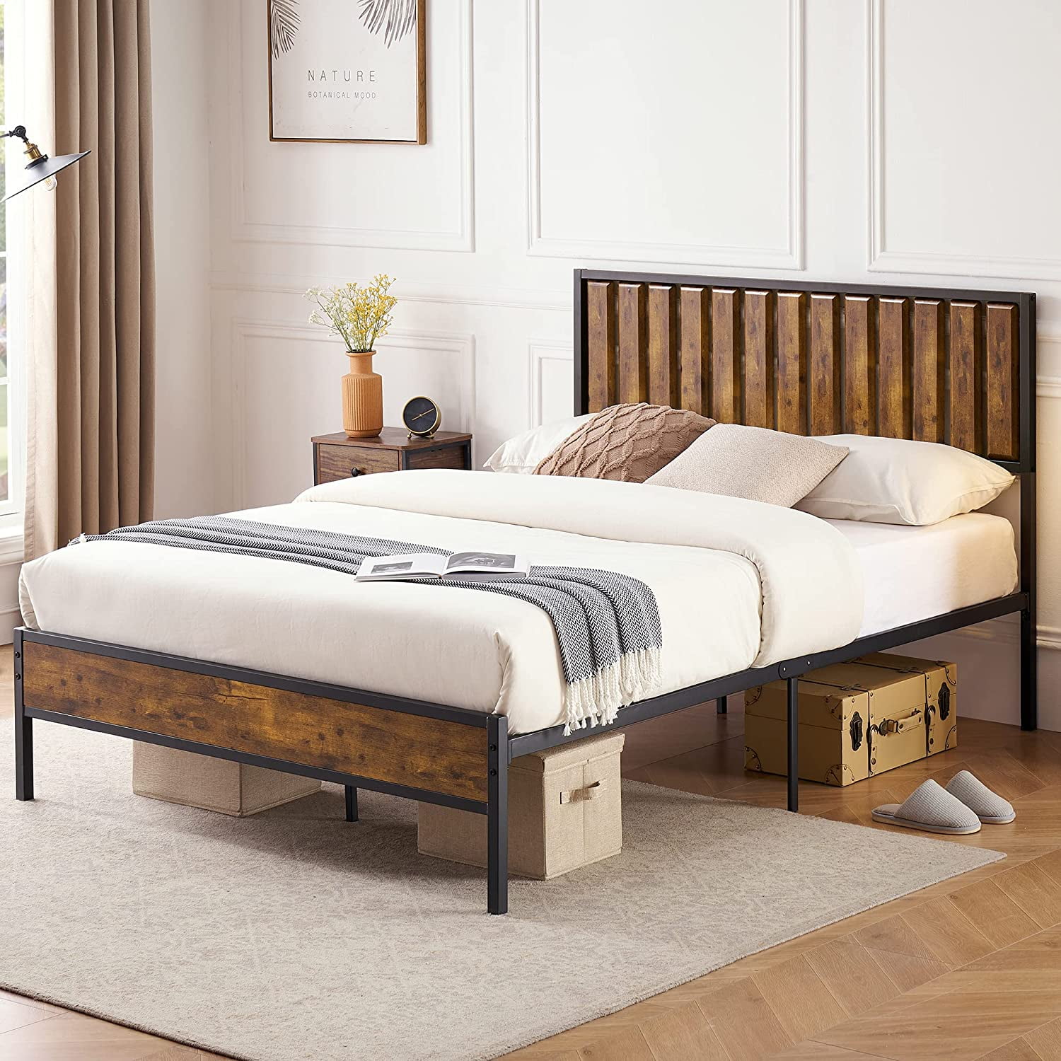Walmart Queen Bed Frame with Wood Headboard, Metal Frame, 14 Steel ...