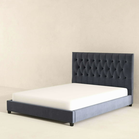 Queen Bed Frame - Mid Century Modern With Grey Velvet Upholstery And Veneer Size Platform Design Solid Wood
