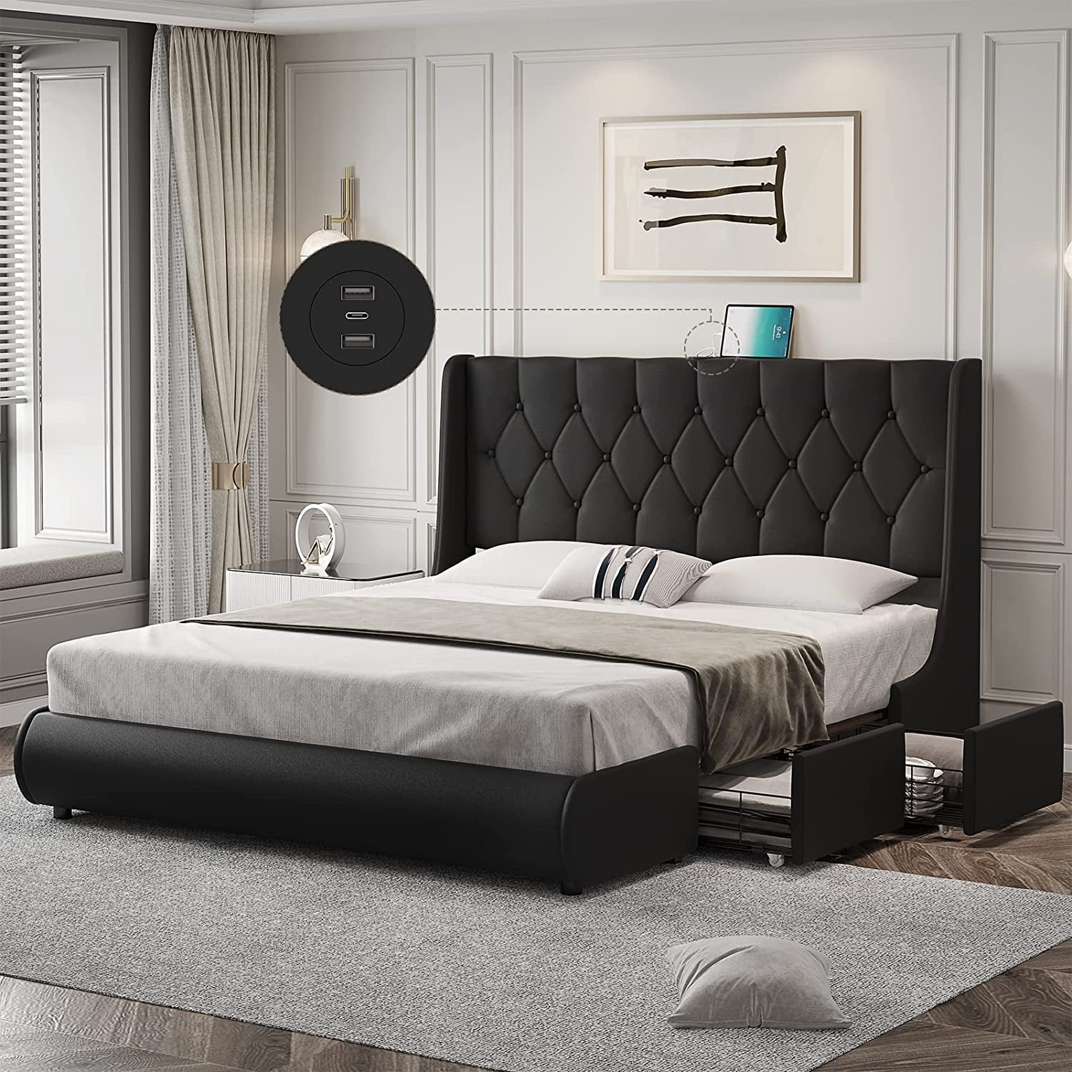 Queen Bed Frame ，Modern Button Tufted Faux Leather Upholstered Low