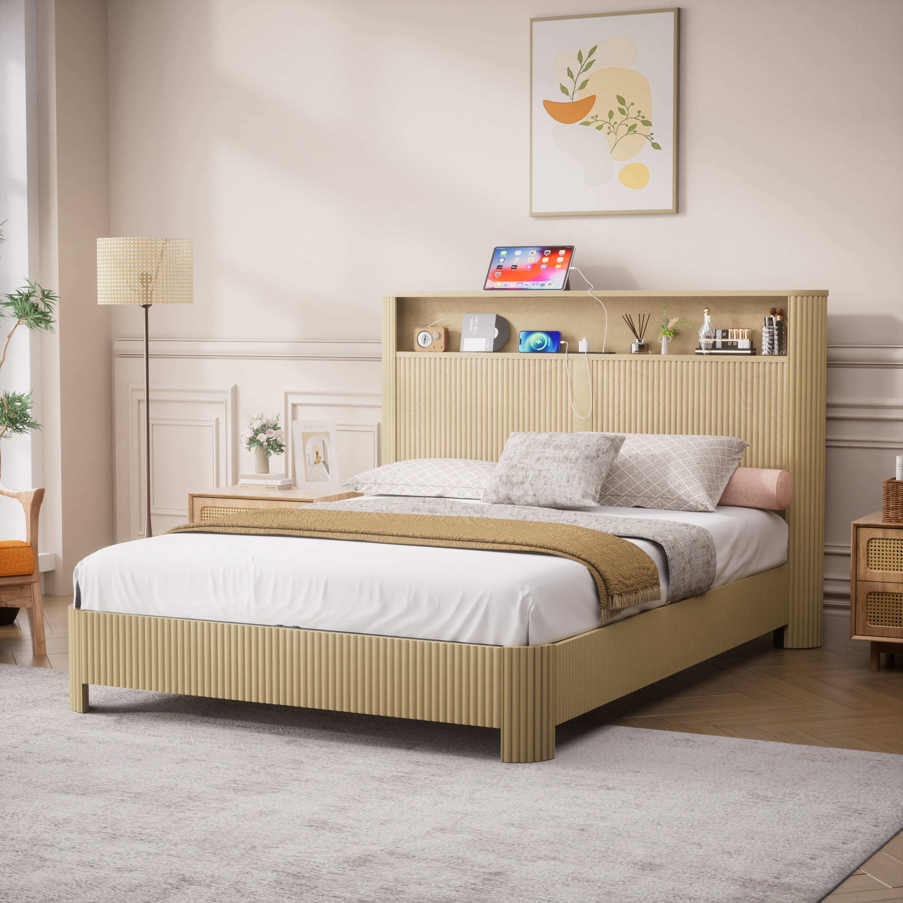 Queen Bed Frame,Natural Finish Wavy Curved Platform Bed with Storage Headboard,Built-in Charging Station,Silent Metal Support Structure
