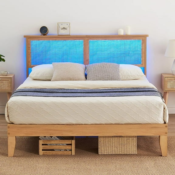 Queen Bed Frame with Natural Rattan Headboard, Platform Bed Frame Full Size with Storage Headboard, Mattress Foundation, Noise-Free, No Box Spring Needed