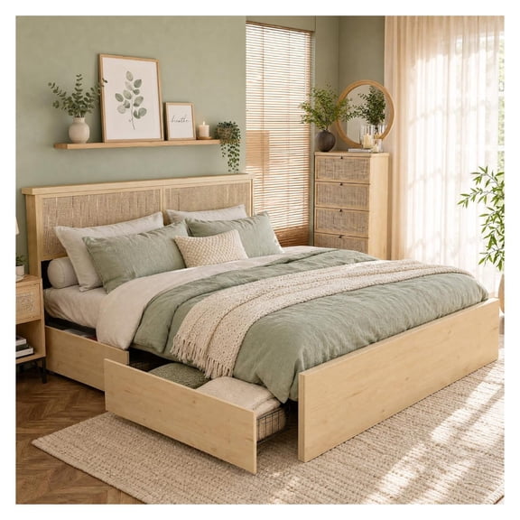 Queen Bed Frame with Natural Rattan Headboard and Wooden 4 Storage Drawers, Metal Platform with Strong Wooden Slats Support, Boho Cane Bed Mattress Foundation, No Box Spring Needed