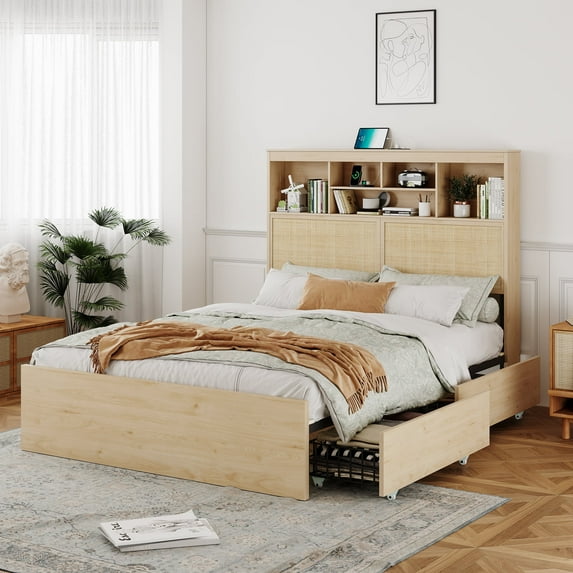 Queen Bed Frame with Natural Rattan Storage Headboard, Wooden 4 Storage Drawers & Charging Station, Metal Bed with Strong Slats Support, Boho Cane Bed, No Box Spring Needed