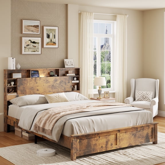 SESSLIFE Queen Bed Frame with Storage Headboard, Wood Platform Bed Frame with Charging Station, LED Lights & Bookcase Shelf, Queen Size Bed Holds up to 800lbs, No Box Spring Needed, Dark Brown