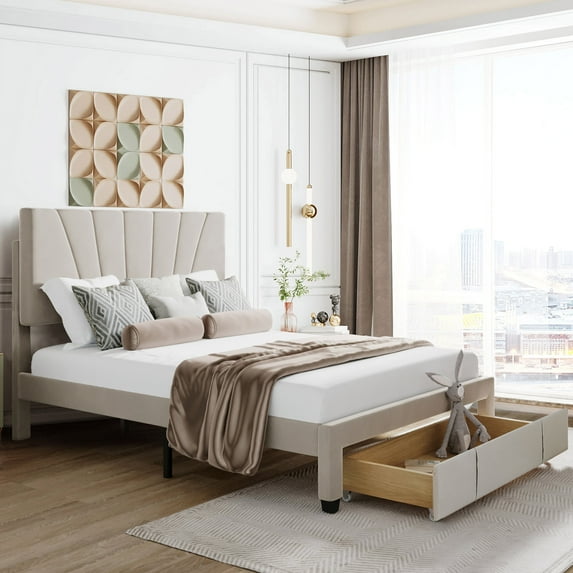 Queen Bed Frame, New Upgraded Velvet Upholstered Platform Bed with Headboard and Drawer, Modern Queen Size Storage Bed Frame Bedroom Furniture, Hold up to 500lbs, No Box Spring Needed, Beige
