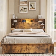 SESSLIFE Queen Bed Frame with Storage Headboard & Charging Station, Rustic Industrial Wood Platform Bed with Bookcase Shelves, LED Light, Wood Slat Support, No Box Spring Needed, Dark Brown
