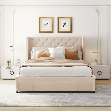 Queen Bed Frame, New Upgraded Velvet Upholstered Platform Bed with Headboard and Drawer, Modern Queen Size Storage Bed Frame Bedroom Furniture, Hold up to 500lbs, No Box Spring Needed, Beige