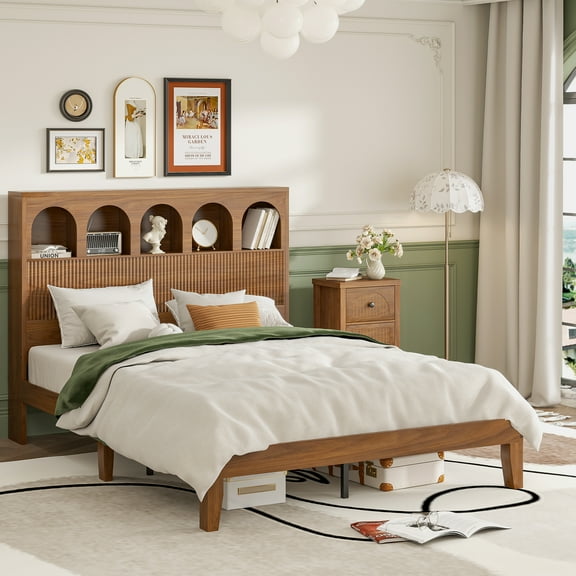 Queen Bed Frame, Noise Free Platform Bed with Headboard & Metal Frame & Wood Slats Support, No Box Spring Needed, Walnut