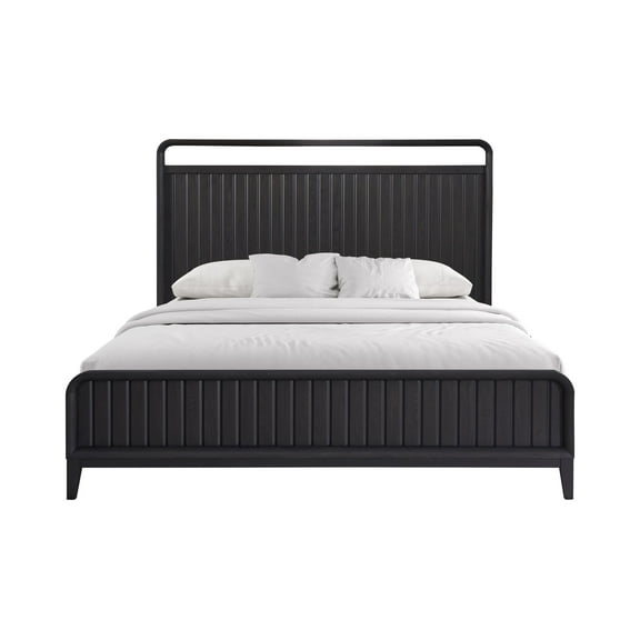 Queen Bed Frame with Open Panel Headboard and Footboard, Solid Wood and MDF with Elm Veneers, Channel Pattern Design in Peppercorn Black Finish for Master Bedroom, Queen Size