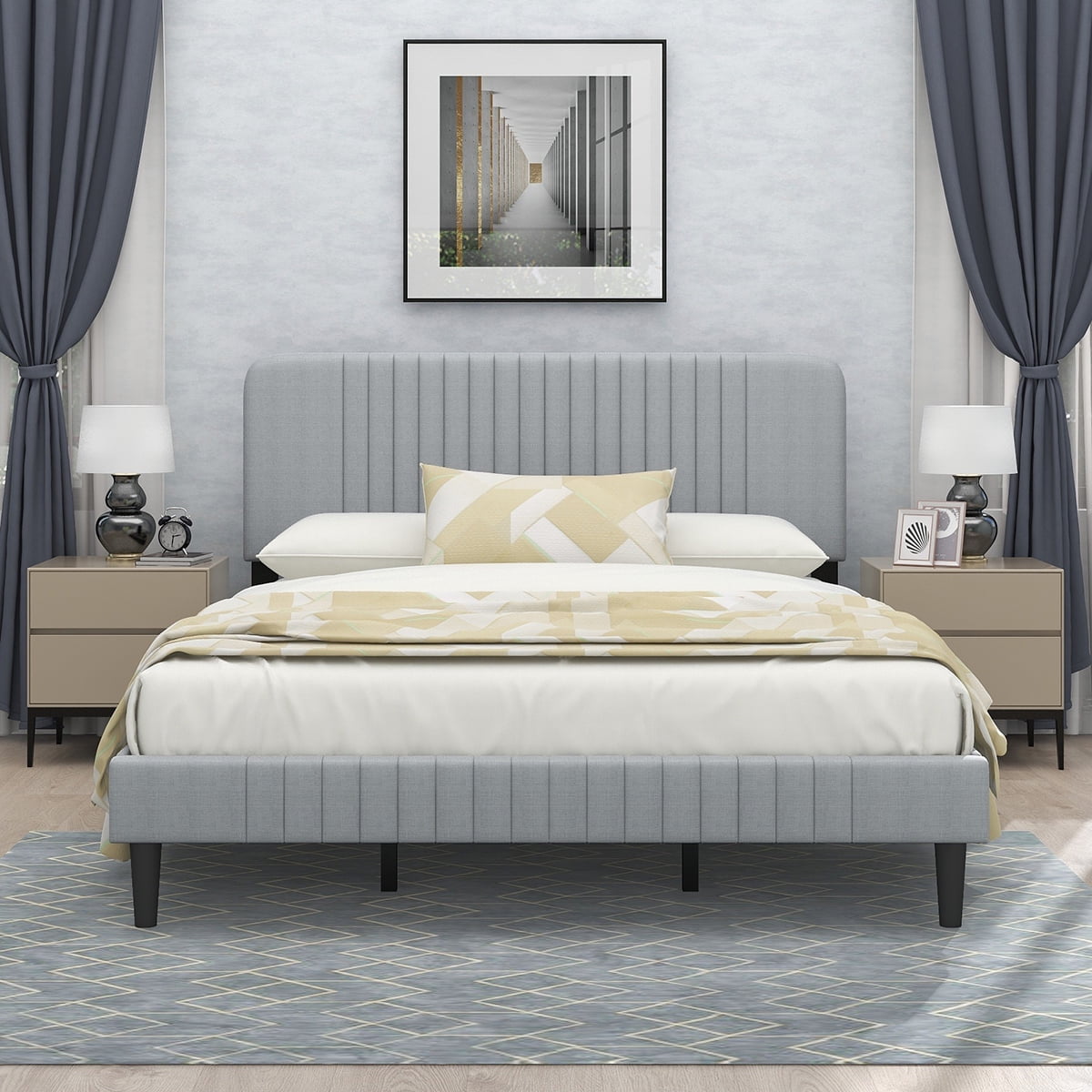 Queen Bed Frame, Platform Bed with Linen Upholstered Headboard and ...