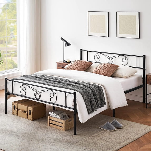 Queen Bed Frame Platform with Headboard and Footboard Metal Bed Mattress Foundation with Storage No Box Spring Needed Black (Queen)