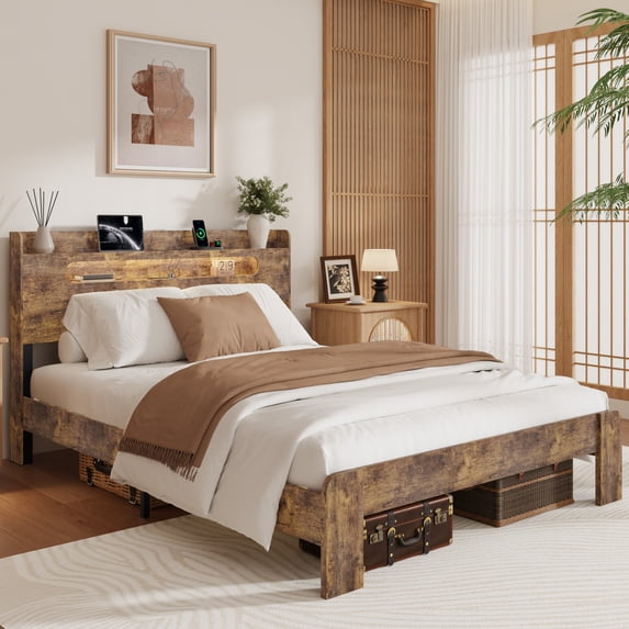Queen Bed Frame, Queen Size Bed Frame with Storage Headboard, Farmhouse Platform Bed Frame with Charging Station and LED Lights, Sturdy Wooden Slats, No Mattress Required, No Noise,Brown