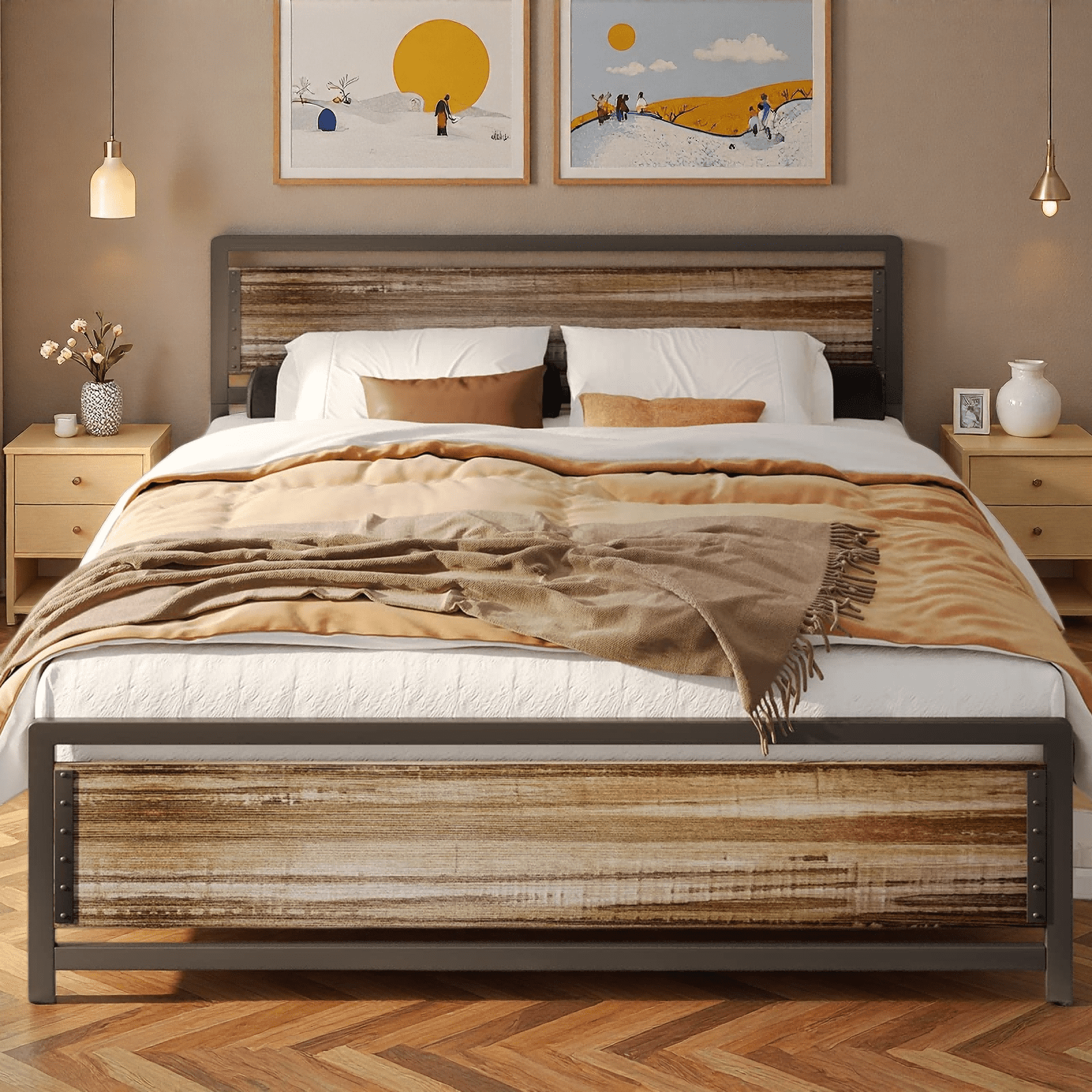 Queen Bed Frame, Queen Size Bed Frame with Wood Headboard and Footboard, Under Bed Storage, 800lbs, Gray