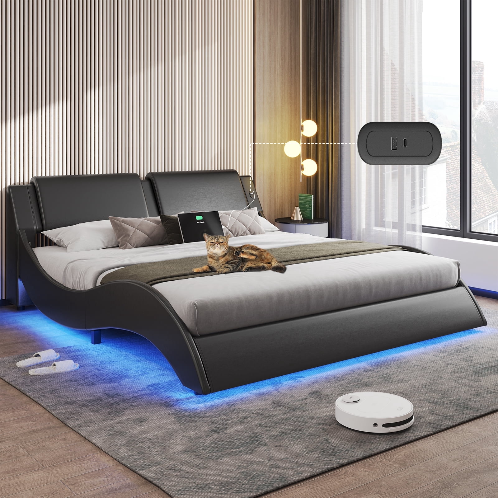 Queen Bed Frame with RGB Led Lights & Charging Ports,Modern Faux Leather Upholstered Platform Bed with Headboard Wave Like Curve Low Profile Bed,Wood Slats Support,Squeak Resistant,Black