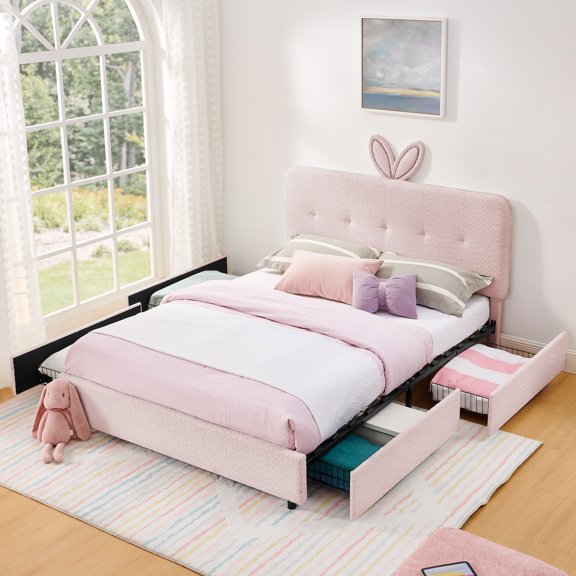 Queen Bed Frame with Rabbit Ear Headboard and LED Light, Boucle Upholstered Platform with 4 Storage Drawers, No Box Spring Needed, for Bedroom, Guest Room, Apartment, Pink