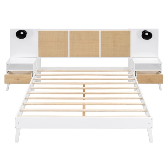 Queen Bed Frame With Rattan Headboard And 2 Nightstands, Farmhouse Wood Platform Bed With Built-in Lamps And Strong Wood Slats Support, No Box Spring Needed