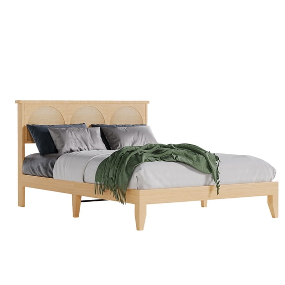 Queen Bed Frame with Rattan Headboard and LED Lights, Rattan Bed Frame Queen with Wooden Slats Support, Cane Bed Frame Queen, Mattress Foundation, No Box Spring Needed, Easy Assembly