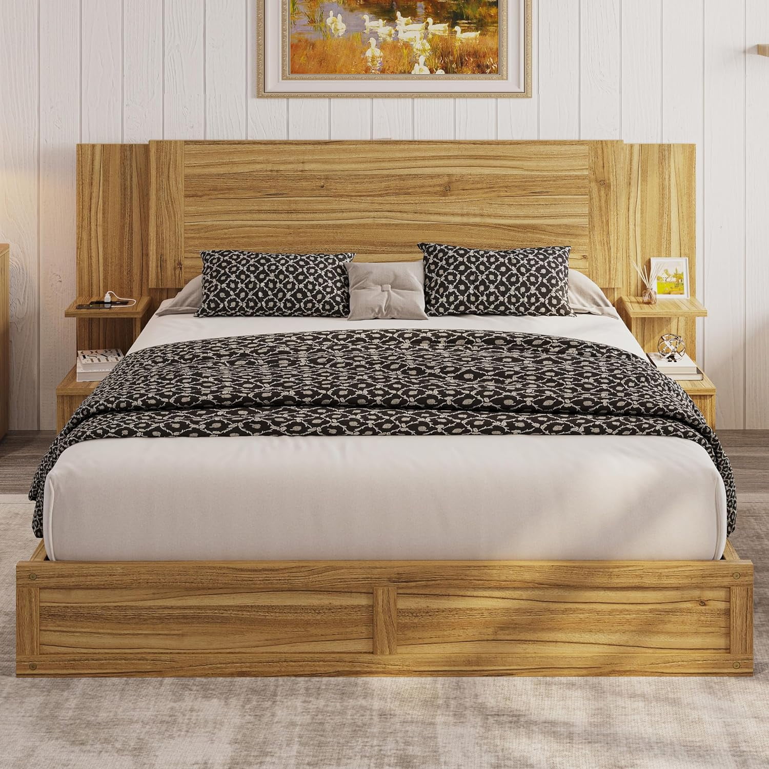 Queen Bed Frame with Rechargeable Nightstand, Wooden Platform Bed with Headboard, Sturdy and