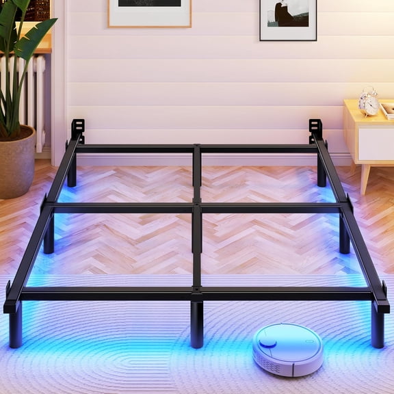 Queen Bed Frame with Smart LED Lights, 7 Inch Basics Metal Bed Frame, Heavy Duty 9-Leg Base for Box Spring and Mattress, Noise-Free, Easy Assembly, Black