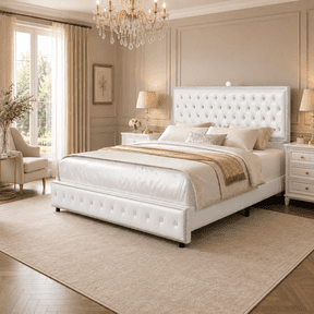 Queen Bed Frame with Starry Sky Projector, Built-in Speaker & USB Port, Crystal Tufted Upholstered Platform Bed with Adjustable Headboard, Wood Slat Support, No Box Spring Needed, PU Leather White